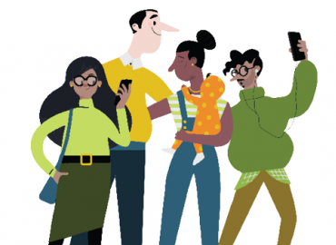 An illustration of four people and one baby. Two of the people are holding cell phones.