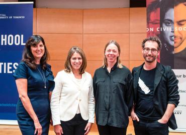 Ann-Marie Nasr (left), Toronto’s director of parks development and capital projects, with U of T’s Shauna Brail, Alissa North and Alex Josephson at the first talk hosted by U of T’s School of Cities and the Toronto Public Library