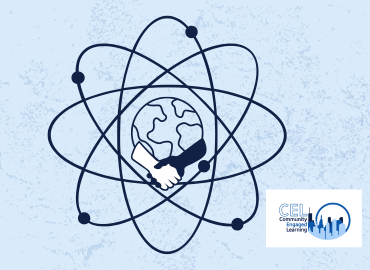 An illustration of an atom with a globe at its centre, featuring two hands shaking—one light-skinned and one dark-skinned—symbolizing collaboration. In the bottom right corner, there is a logo for &amp;#039;Community Engaged Learning (CEL).&amp;#039;