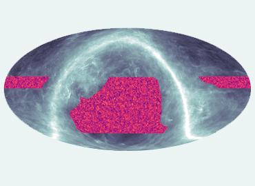 A new map of the sky, made with observations from the Atacama Cosmology Telescope, showing a white wavy line with a grey background in a circle with pink/orange patches. 