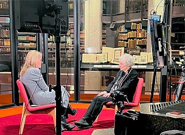 Margaret Atwood seated for an interview