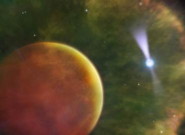 The pulsar PSR B1957+20 is seen in the background through the cloud of gas enveloping its brown dwarf star companion.