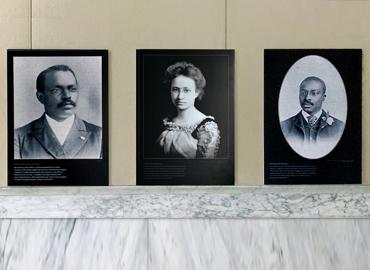 Portraits of three prominent scholars John Wesley Edward Bowen, Helen Maria Chesnutt and Orishatukeh Faduma.