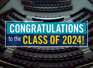 Seats at Convocation Hall with a blue box of text over the image that says &amp;quot;Congratulations to the Class of 2024!&amp;quot;