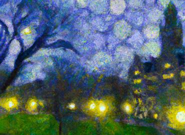 A blue, green and yellow painting of a park and white large circles showing a starry night.