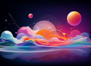 Computer generated illustration of bright neon colours showing what appears to be a landscape of seas and mountains with a sphere in a dark blue sky.