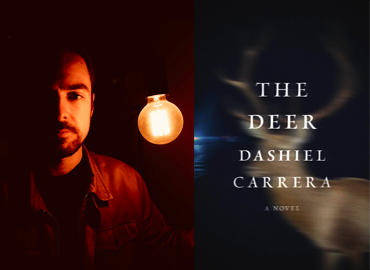 Headshot of Dashiel Carrera beside the cover of his book &amp;quot;The Deer&amp;quot;