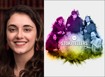 Headshots of Ariana Ellis with the Storytellers logo