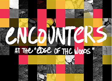 The words: encounters at the edge of the woods on a multi-squared backgroud