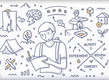 A doodle graphic of people doing various tasks: reading, mixing chemical, climbing, running