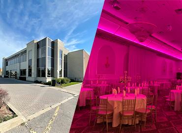 Exterior view of a boxy building beside an lovely interior shot of a banquet hall