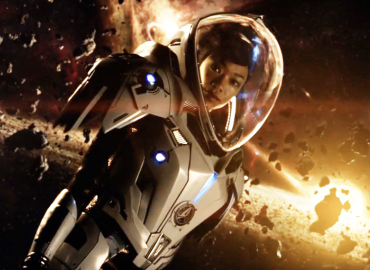 An astronaut in space in a still image from Star Trek: Discovery