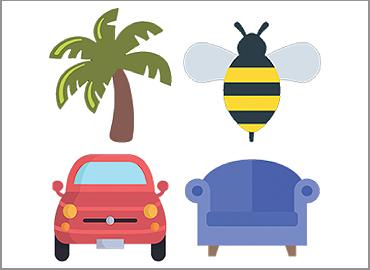 Image of a palm tree, a bee, a red car and a blue chair