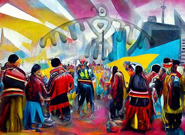 a photo of a mural - shows people gathered for a pow wow