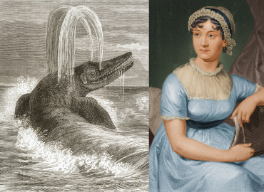 Etching of an ichthyosaur with an etching of Jane Austen superimposed on top.