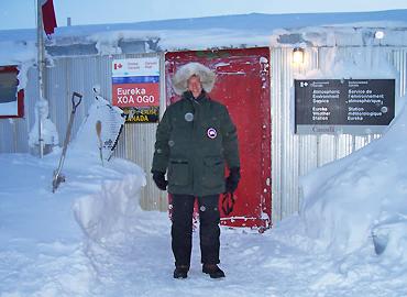 Jim Drummond stands in front Eureka Weather Station on Ellesmere Island.