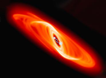 A binary star circled by a warped circumbinary disk, that resembles a blur of orange rings.