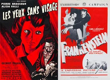 two old movie posters - Les Yeux Sans Visage (Eyes Without A Face) and  James Whale&amp;#039;s 1931 horror film Frankenstein starring Boris Karloff and Mae Clarke.