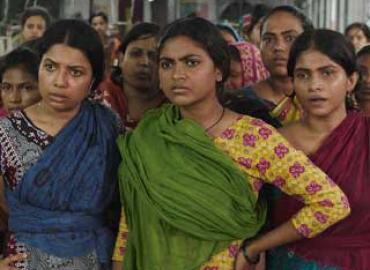 A screenshot of a group of women from the film; Made in Bangladesh, a film by Rubaiyat Hossain.