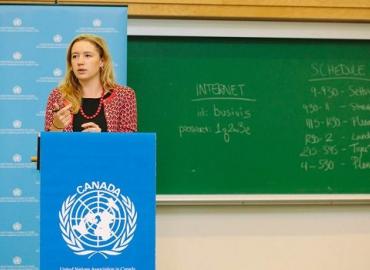 Mieka Buckley-Pearson speaking at the United Nations Association in Canada.