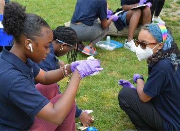 A group of people sitting on a lawn completing research.