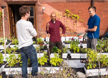 Three people standing beside a rooftop garden on a sunny day.