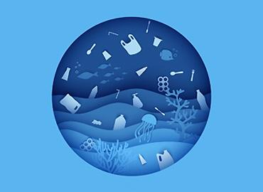 view of an underwater world of plastic pollution through the porthole of a submarine in paper cut style