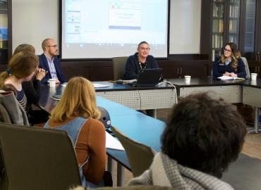 Alexander Eastwood, Kim Yates and Mary Stefanidis at a panel discussion for graduate students in the Department of English.