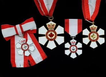 Red and white medals.