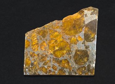 slice of a pallasite meteorite showing the large glowing yellow olivine crystals suspended a grey metal matrix