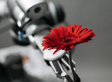 a robot hand holding a flower