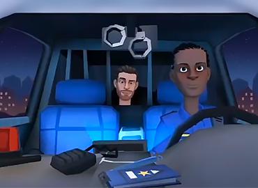 An 3-D graphic of two people in a police car.