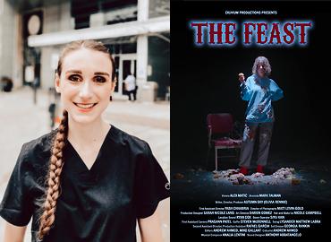 Autumn Rennie and the movie poster The Feast featuring a person standing in the dark in front of a chair with a spot light.