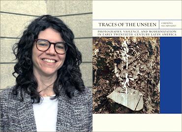 Carolina Sá Carvalho and the cover of the book Traces of the Unseen.