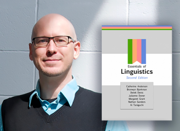 Headshot of Nathan Sanders beside book cover with title: Essentials of Linguistics, 2nd edition