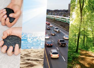 A series of images including a beach, traffic, grass and rocks in a hand.