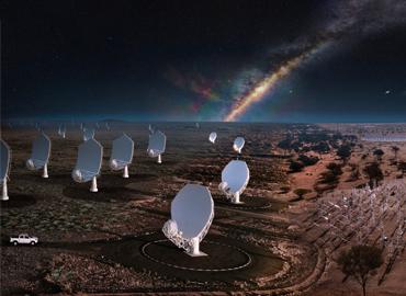 A composite image of the future SKAO telescopes in both Australia and South Africa, blending what already exists on site with artists’ impressions