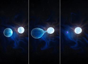 Three images of two balls showing a massive star stripping the hydrogen envelope of its companion in a binary system.