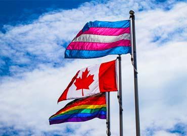 Trans, Canadian and LBBTQS+ flags blowing in wind