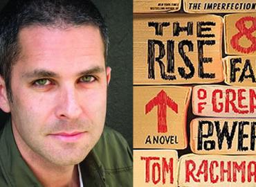 Tom Rachman beside the cover of his book