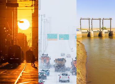 A picture with three photographs including a sunset in-between two buildings, a snow covered highway and a dam.