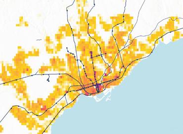 A map of Toronto showing yellow as the population density and lines for transit routes.