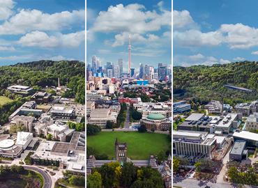 A composite image aerial views of the 2 U of T campuses