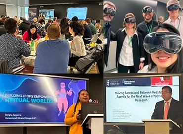 A collage of pictures including students, people speaking on a stage and people wearing virtual reality headsets.