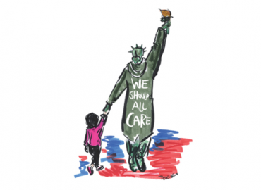 An illustration of the Statue of Liberty holding a child’s hand while wearing a coat that reads “we should all care.”