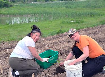 Two women kneeling in a field on a farm