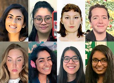 Headshots of Amrita Brar, Hannah Guiang, Mailey Horner, Rion Levy, Sai Vipin Nikam, Josefina Novoa Reátegui, Anita Jyothi Sritharan and Theodosiya Zyla