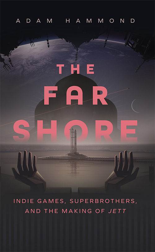 Book cover with title: The Far Shore - Image of a rocket on an island on a lake - android hands in foreground