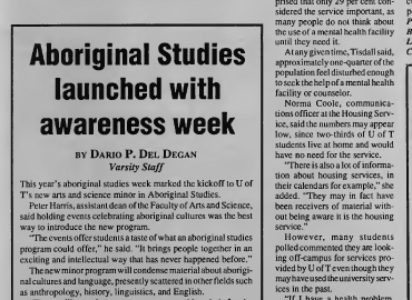 A picture of The Varsity newspaper with a heading, "Aboriginal Studies launched with awareness week."