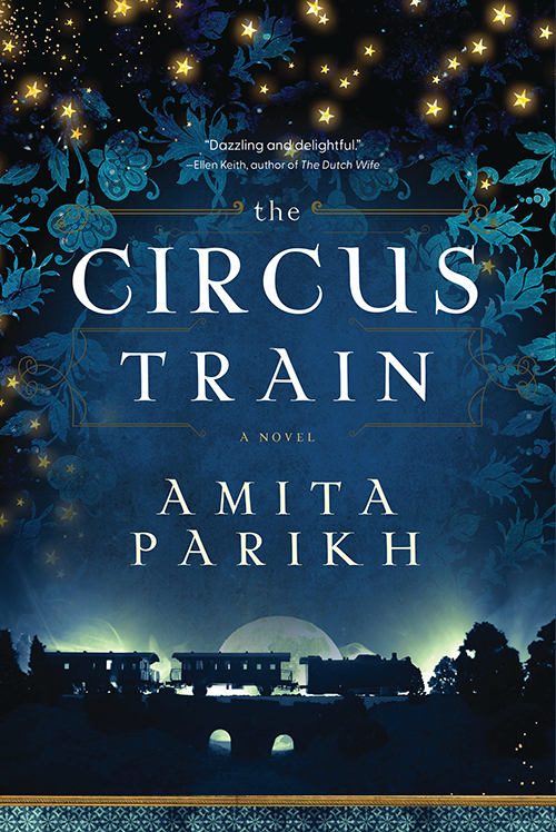 Book cover with title: The Circus Train. Image of train rolling along under a starry sky on cover